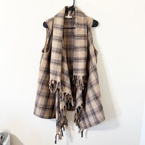 Entro Brown Plaid Fringe Sleeveless Drapey Open Front Wool Blend Vest Size M